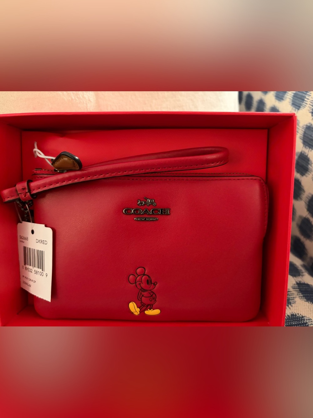 New In Box! Rare COACHxDisney Mickey Mouse Red Leather Corner Zip Wristlet